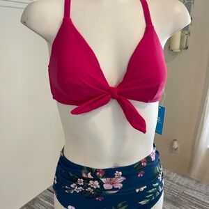 Two Piece Bikini Set Pink Triangle Top with Floral High Waist Bottoms Size Med